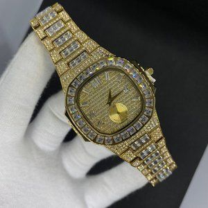 18K Gold Plated Nautilus Design Watch | Men's Iced Out Luxury Baguette Watch  |